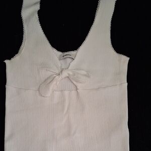 Sandro Cream Ribbed Top with Bow Detail